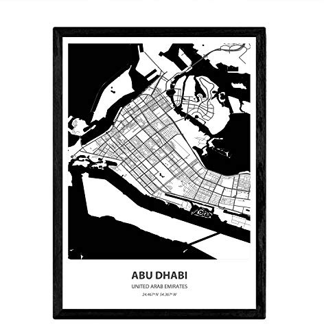 Nacnic Poster mappa di Abu Dhabi - Emirati Arabi Uniti. Fogli di città mediorientali con mari e fiumi in nero. Dimensione A3 con telaio