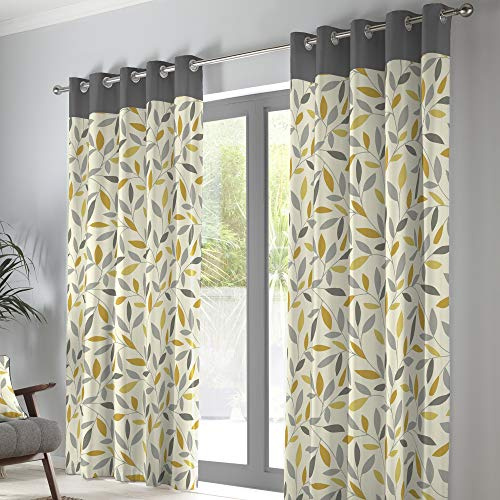 Fusion Grey & Ochre Leaf Curtains W66 x L90 (168x229cm) – 100% Cotton – 2 Panels – Eyelet – Floral Bedroom & Living Room Drapes – Beechwood Collection