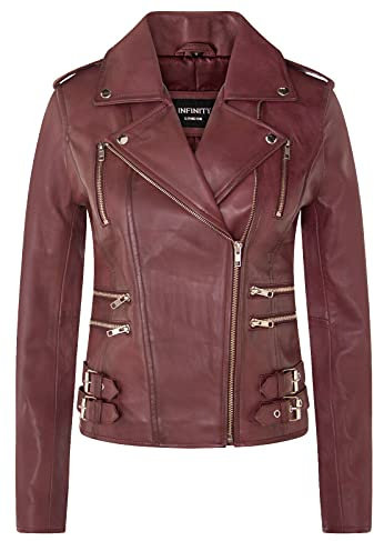 Infinity Leather Chaqueta Motera borgoña Retro 100% Cuero Napa Para Mujer L