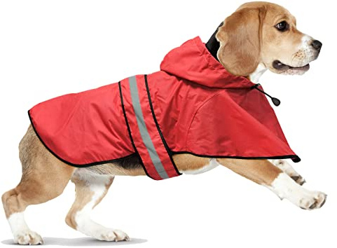 Domagiker Verstellbarer Hunde-Regenmantel mit Kapuze,Wasserdichter leichter Zupfponcho, Sicherheits-Hunde-Regenjacke mit reflektierendem Streifen und Leinenloch für kleine, große Hunde (Medium, Rot)