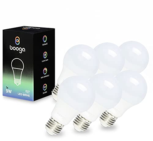 Booga LED E27 Glühbirne Leuchtmittel - 9 Watt - kaltweiß Licht - 6500K - Milchglas - Energiesparlampe - LED-Birne - 220-240V AC, 6er Set