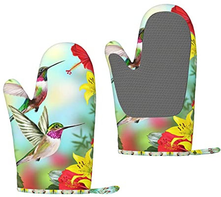 Kolibri-Grillhandschuhe, rote Blume, Hibiskus-Druck, hitzebeständige Silikon-Grillhandschuhe, Küchen-Ofenhandschuhe, für Grill, Kochen