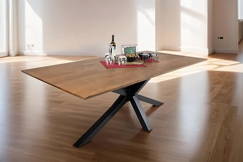SAM Esstisch Abby 300x100 cm Akazie nussbaum Schweizer Kante Spider schwarz | massiver Holztisch, Akazienholz nussbaumfarben, 26 mm Tischplatte, Metallgestell, Esszimmertisch