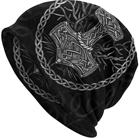 Wikinger Bedruckte Thors Hammer Beanie Mütze - Männer Frauen Verstellbare Doppelschicht Skullies Dünne Haubenkappen - Nordischer Pirat Mittelalterliche Hip Hop Mode Lässige Kopftücher