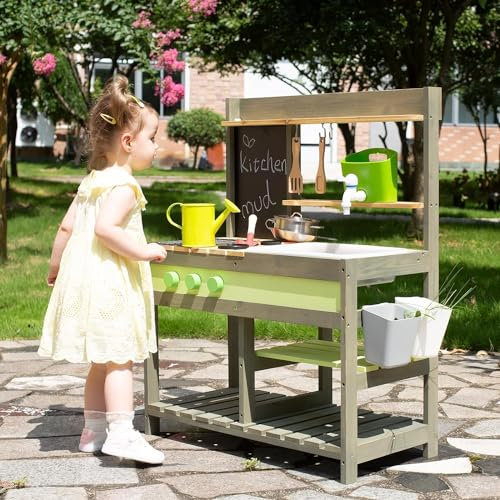 Giant bean Mud Kitchen Playset for Kids, Deluxe Wooden Toy Play Kitchen Set for Boys and Girls Ages 3-8 Indoor & Outdoor Activities, with Water Sink, Cookware Pots and Kitchen Accessories