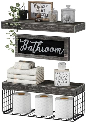 QEEIG ‎Bathroom Shelves Over Toilet - Paper Storage Wall Mounted Farmhouse Decor Decorations Aesthetic Décor Sign Small Floating Shelf 2+1 Set 16 inch, Grey (020GY)