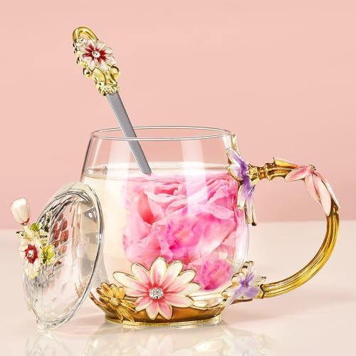 Wisolt Personalisierte Geschenke für Frauen, Mama, Oma, Freundin - Emaille Glas Blume Tee Tasse Kaffee Becher Mit Löffel Und Deckel - Weihnachten