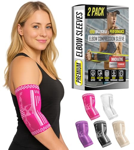 BLITZU Elbow Compression Sleeve for Tendonitis, Tennis Elbow Brace 2 Pack M