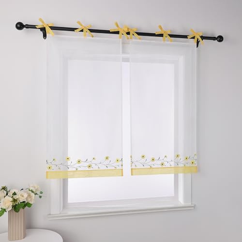 Joyswahl Voile Scheibengardine im Landhausstil »Kamille« Cáfe Gardinen Transparent Kurz Küchengardinen Bistrogardinen Küche Gelb HxB 90x60cm 1 Stück