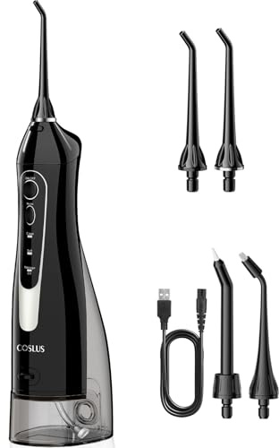 COSLUS Water Flosser Dental Pick: 300ML Oral Irrigator for Teeth Cleaning, Orthodontic, Braces & Sensitive Gums, Cordless Portable for Travel, IPX7 Waterproof, for Adults Teens Family Use, with 4 Tips