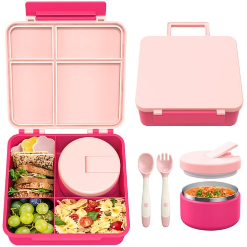 LOHASOK Bento Lunch Box Kids with 8oz Soup Thermo, Leak-Proof Lunch Containers with 4 Compartment, Thermo Hot Food Jar and Insulated Lunch Box for School Pink