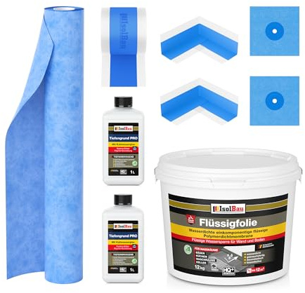 Isolbau Dicht-Set - Inkl. 1x Flüssigfolie (12 kg), 2x Tiefengrund PRO (1 L), 1x Dichtband (10 m), 1x Dichtbahn (2 m), 2x Innenecken & 2x Manschetten