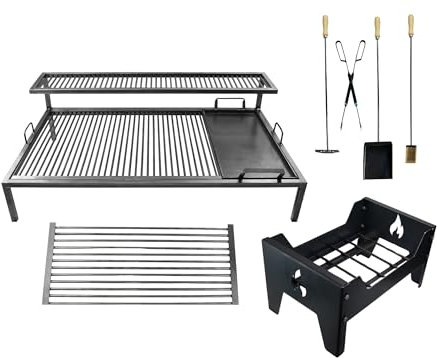 Parrilla argentina de lujo con módulos de hierro extraíbles + plancha de hierro + brasero + herramientas de fuego - Parrilla Argentina de hierro - BBQ Parrilla Asado. Sor pampa grill - Parrilla