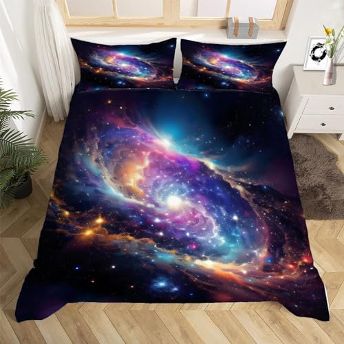 3D Galaxie Bettwäsche Set 135x200 cm Weich Mikrofaser Weltall Kinder Bettwäsche-Set mit Reißverschluss 3 Teilig Bettbezug Set mit 2 Kissenbezug 80x80 cm