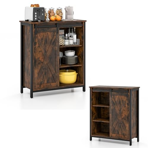 KOMFOTTEU Sideboard mit Schiebetüren, Küchenschrank Kommode mit 3 verstellbaren Ablagen, Aufbewahrungsschrank Holz, Buffetschrank Industrie-Stil für Esszimmer Flur 70x30x81 cm