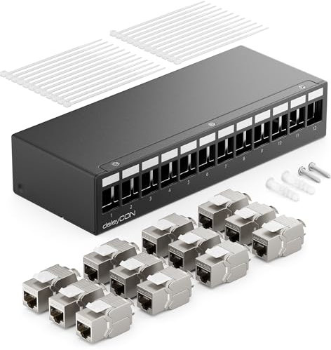 deleyCON 12 Porte CAT7 Set di Pannelli Patch con 12x CAT.7 RJ45 Modulo Jack Keystone STP 10 Gbit/s - Compatibile con Cavo di Installazione CAT6 CAT6a CAT7 CAT8 Cavo di Rete Ethernet LAN DSL - Nero