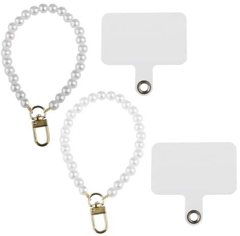 GroveEss 2PCS Mobile Chain Lanyards, Universal Phone Back Patch Charm Wrist Strap, Phone Pendant Decorative Pearl Bracelet for Girls Women Smartphone Key Decorating