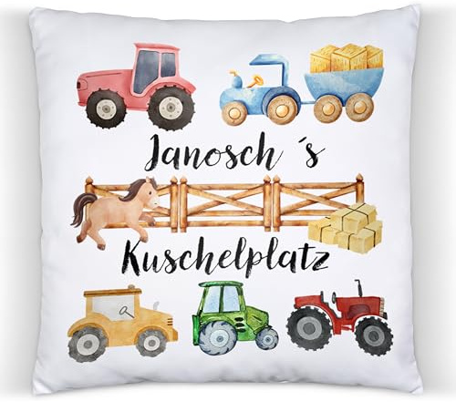 ZauberPrints Traktor Kissen mit Name – Bauernhof Deko für Jungen | Kuschelkissen mit Traktor & Bauernhof · 37x37 cm · Baumwolle · Kinderzimmer-Deko · zur Geburt, Taufe & Geburtstag