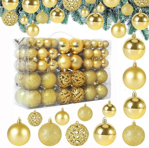Weihnachtskugeln,50er Set, Weihnachtsdeko,matt,glänzend,50x Kugel–mit Verpackung–Weihnachtsschmuck Deko für Drinnen & Draußen aus Kunststoff,glitzernd,Christbaumkugel ∅ 3,4 &6cm, Gold