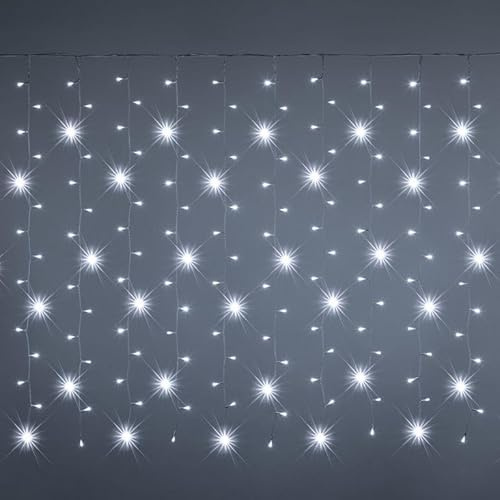 Tenda Luminosa Natalizia effetto Cascata con 200 LED Luce fredda + Flash, 3x1 mt, Prolungabile, Uso Esterno ed Interno IP44 (Luce Fredda + Flash bianco, 3 metri)