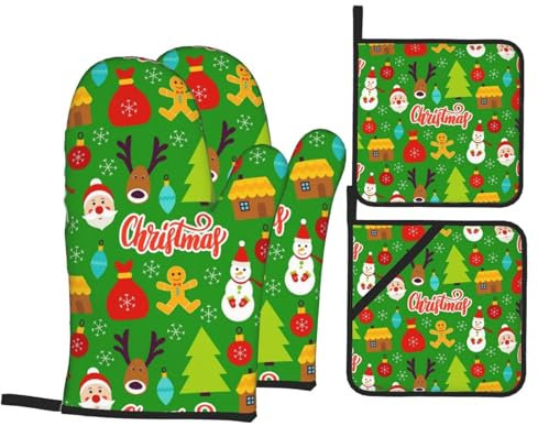 Ofenhandschuhe und Topflappen-Set, Weihnachten, Schneemann, Hirsch, Weihnachtsmann, hitzebeständig, Küchen-Backhandschuhe, rutschfeste Oberfläche zum Kochen, Backen, Grillen, Grillen