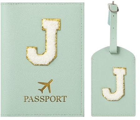 ZVRSUA Reisepasshülle und Kofferanhänger mit Buchstabe J,Passport Hülle, Hülle Reisepass,Ausweismappe, der Pass, Kofferanhänger für Kreuzfahrten und Flugreise,Geschenk für Damen/Teenager/Kind(Grün J)
