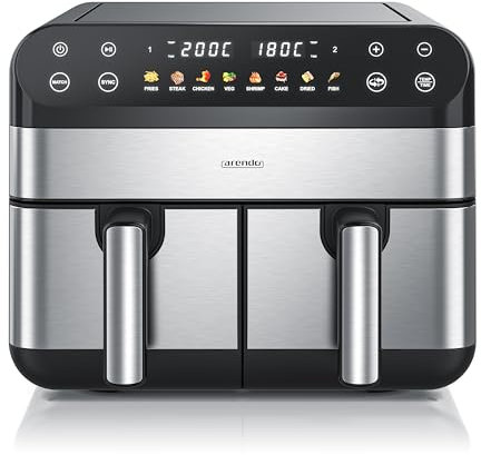 Arendo - Heißluftfritteuse 9L mit 2 Kammern - XXL Kapazität - 2 Fächer – Airfryer Backofen - 8 Programme – Touchscreen - 3D Umluftsystem - Antihaftbeschichtung - spülmaschinenfeste Körbe
