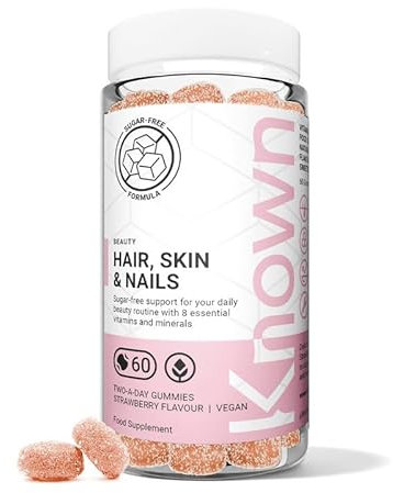Known Tasty Sugar Free Hair, Skin & Nails Gummies – Multivitamin – Natural Strawberry Flavour – 60 Vegan Gummies, 1 Month Supply
