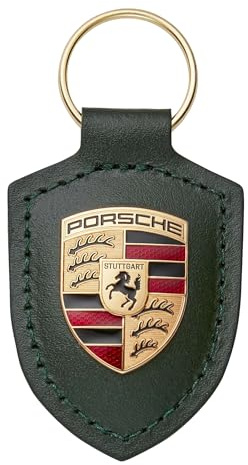 Porsche Schlüsselanhänger aus Leder mit Wappen in Metallic-Grün Eiche