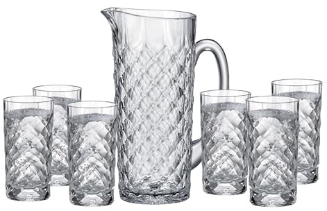 Crystal Bohemia Krug und Trinkgläser - Spülmaschinenfester Krug und 6 kratzfeste Trinkgläser (je 330 ml) aus Kristallglas - Für den täglichen Gebrauch, Familien, Restaurants und Partys