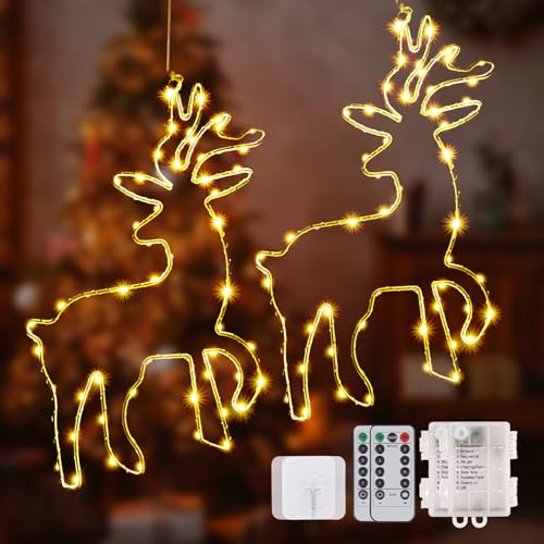 120 LED (2 Stück) Weihnachtsbeleuchtung Fenster, 8 Modi Batteriebetriebene Rentier Fensterbeleuchtung Weihnachtenmit Fernbedienung & Timer, Warmweißen Weihnachtsdeko Innen Weihnachtsdeko Fenster