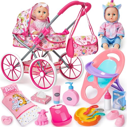 vamei Accesorios Muñecas Bebe para Niñas, Accesorios Bebe Juguete Juego de Rol, con Muñeca & Cochecito de Muñecas & Trona & Bolso & Ropa de Muñeca, Cumpleaños Juguetes Regalo Niña Niños 2 3 4 5 6 Años