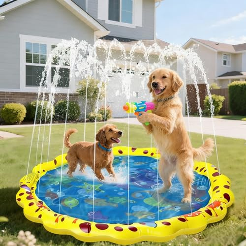 vsshe Tapis de Jet d'eau Jouets pour Chiens, 100cm Pataugeoire pour Animal, Splash Play Mat pour Chiens et Portable en PVC, Tapis de Jet d'eau Antidérapant pour Animals- Jaune