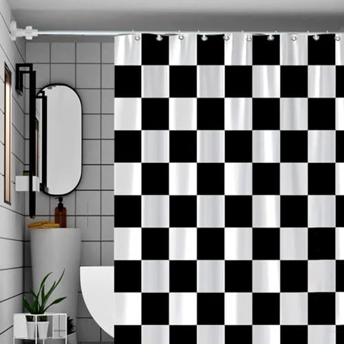 Duschvorhang 180×200cm - Karierter Badevorhang Retro Schachbrett Shower Curtain Polyester Textil Vorhang Anti Schimmel Wasserdichter Schnelltrocknend Waschbar für Badewanne mit 12 Haken(Schwarz&Weiß)