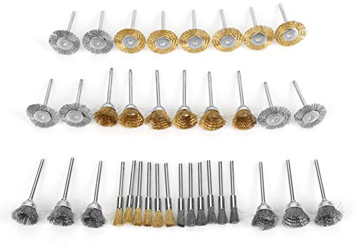 Kit de 36 cepillos de alambre de acero y latón, formas pen, plano y copa - Remoción eficaz de óxido, acabado fino con taladros y amoladoras, para profesionales del metal