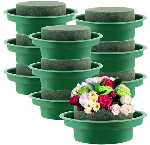 MAKTSAM 16 piezas de espuma floral de 12 cm con cuencos, bloque de espuma redondo de 4.7 pulgadas, base de espuma floral verde redonda húmeda y seca con bandeja para decoración de bodas, floristería