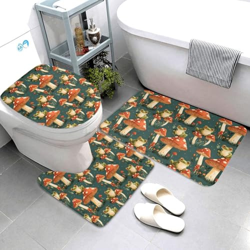 Nevjipu Set di 3 tappeti da bagno con stampa di rane e funghi, assorbenti, antiscivolo, lavabili, a forma di U, morbidi tappetini da doccia per WC e vasca da bagno