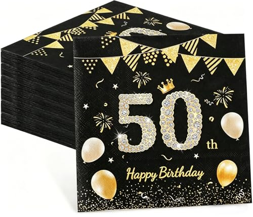 60 Stück Servietten 50 Geburtstag Männer Deko, Serviettens Schwarz Gold 50 Tischdekoration, Servietten 50 Geburtstag Deko Mann