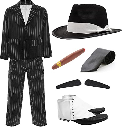 Adults Gangster Costume – XL - Black and White Gangster Pinstripe Suit Jacket, Pinstripe Suit Trousers, Black Fedora White Band, Fake Cigar, Spiv Tash, Black Tie and Spats – 1920's Film & TV Fancy Dress Costume