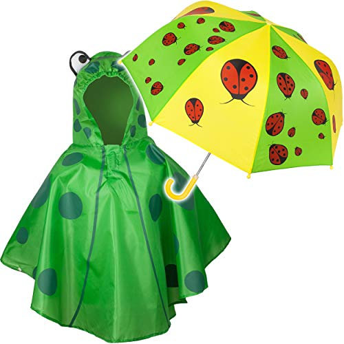 alles-meine.de GmbH 2 TLG. Set: Regenschirm + 3D Effekt - Regenponcho - lustige Marienkäfer & Frosch - Kinderschirm - Ø 72 cm - Regencape - Kinder - 2 bis 6 Jahre - Stockschirm -..