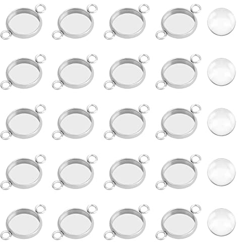 UNICRAFTALE 100 Sets 10mm Lünette Anhänger Edelstahl Cabochon Verbindungs Anhänger Flach Rund Cabochons Rohlinge Lünette Tabletts Mit Glas Cabochon Für Armbänder Halsketten Schmuckherstellung