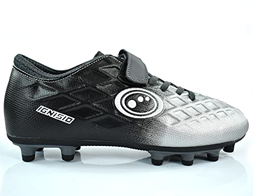 Optimum Junior Ignisio Football Boots - Flat Moulded Stud Outsole, Easy Fastening - PU Leather, Flexible & Comfortable Fit Football Boots - Black/Silver, Size 13