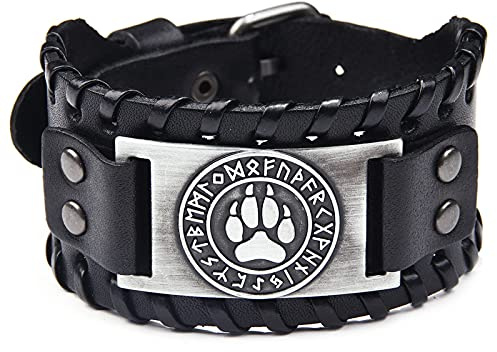 Schwarzes Lederarmband Antik Silber Wikinger Wolf Bär Pfote Nordische Runen Leder Armband für Männer, Punk Retro Schmuck für Männer