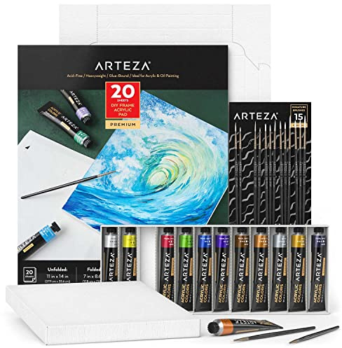 Arteza Metallic Acrylic Painting Art Set, 12 Colors Acrylic Paint, 15 Detail Brushes and 7x8.6 Inches Foldable Canvas Paper Pad Bundle, Art Supplies for Artists & Hobby Painters