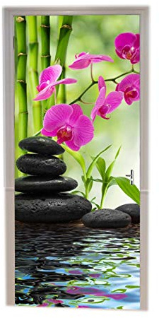 A.Monamour Türtapete Selbstklebend Türfolie Türposter 3D Grüner Bambus Rosa Orchideen Blume Schwarzer Spa Steine ​​Wasser Zen Vinyl Folie Türdeko Tapete Wandbild Türaufkleber Türtattoo 77 x 200 cm