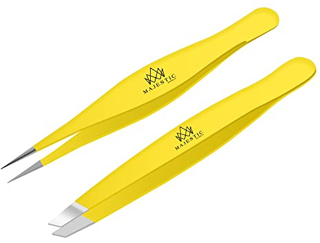 Majestic Bombay Fine Point + Slant Tweezers for Women and Men – Splinter Ticks, Facial, Brow and Ingrown Hair Removal–Sharp, Needle Nose, Surgical Tweezers Precision Best Tweezers for Chin Hair