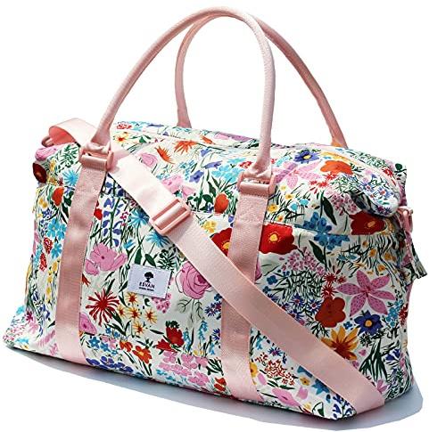 ESVAN Travel Tote Duffel Gym Bag,Weekender Overnight Carry-on Tote Crossbody Bag with Wet Pocket and Trolley Sleeve Upgraded ([K] Flower)