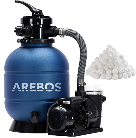 AREBOS Système de Filtre à Sable avec Pompe + 1400g de balles de Filtre | Bleu | 400W | 10.200 L/h | Capacité du réservoir jusqu'à 20 kg de Sable | Vanne à 4 Voies avec poignée | avec manomètre
