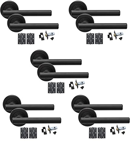 Golden Grace Straight T-Bar Door Handles with Hinges & Latch, 5 Sets | Includes spindles, screws, and black plates for fitting five interior doors, with a sturdy metal build on round roses.