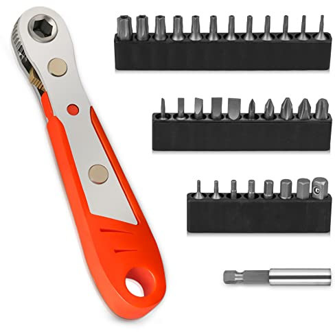 LATTOOK 32PCS 1/4 Mini Ratchet Offset Screwdriver Bit Set, S2 Steel Right Angle Screwdriver with 90 Degree Mini Offset Reversible Drive Handle with Multi Hex Phillips Slotted Torx Star Bit
